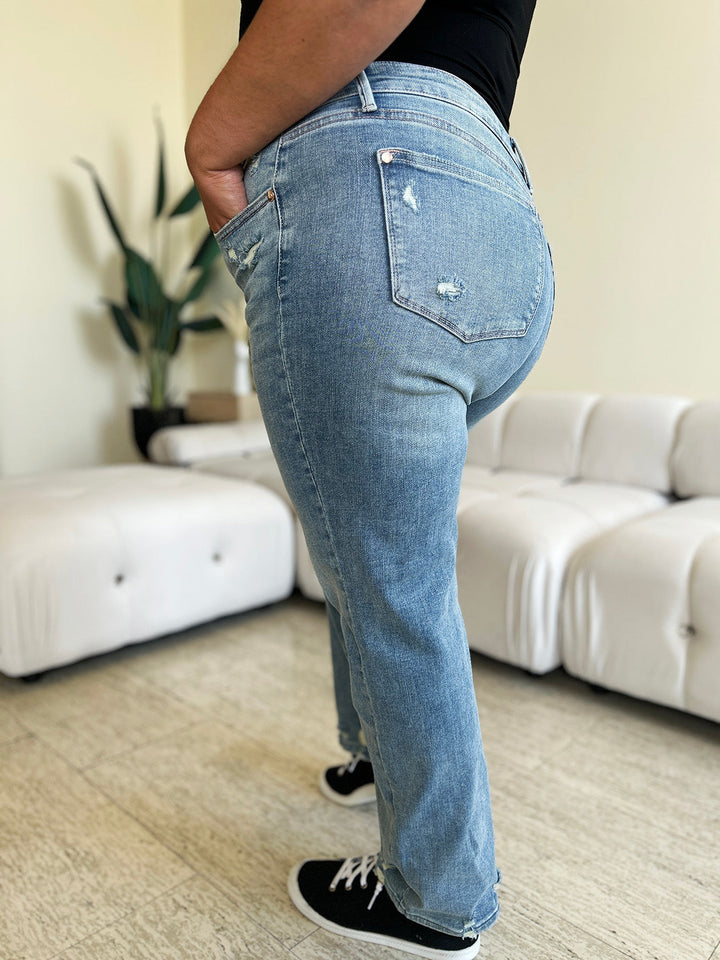 Stilla | Blå Fuld Størrelse Høj Talje Distressed Lige Jeans
