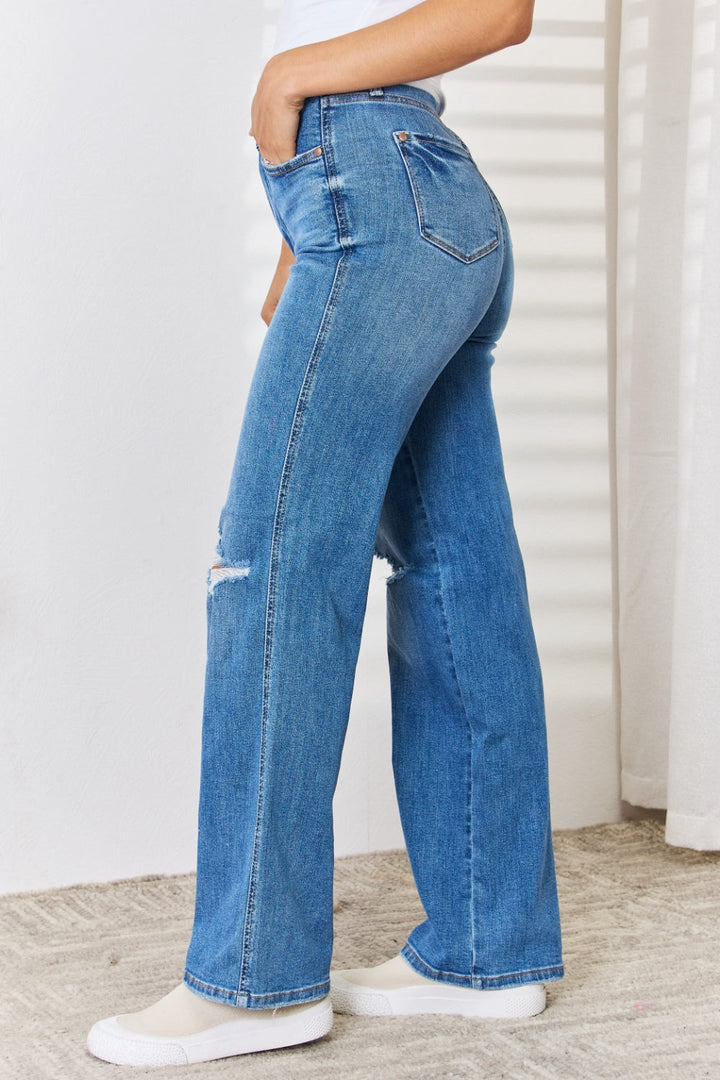 Stilla | Blå Fuldt Størrelse Høj Talje Distressed Straight-Leg Jeans