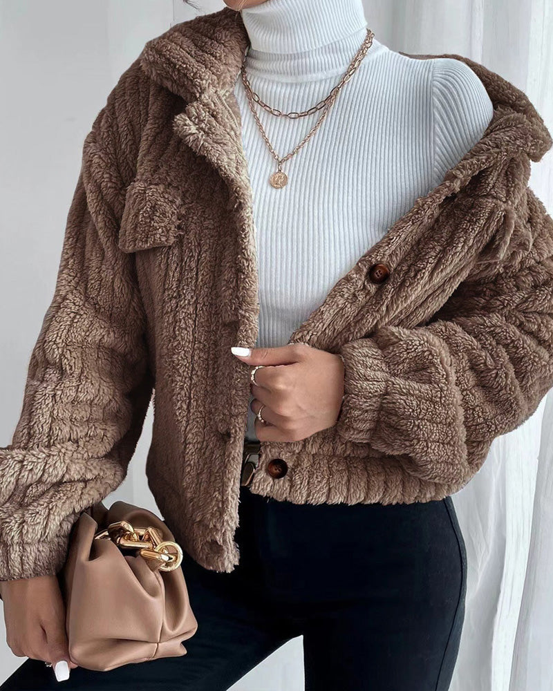 Stilla | Casual Ensfarvet Tyk Frakke med Reversknap og Lange Ærmer