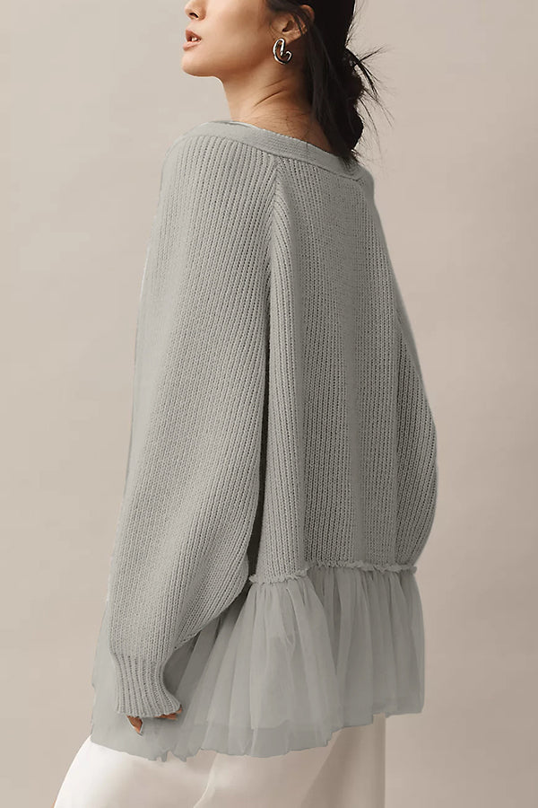 Stilla | Strik Cardigan med Mesh Flæse og Lange Ærmer