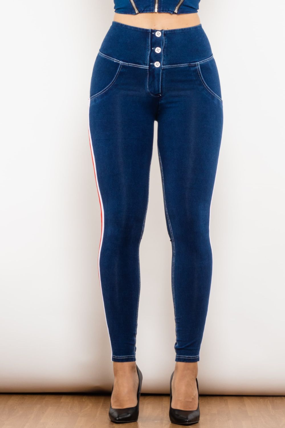 Stilla | Stribet Knappet Høj Talje Skinny Jeans