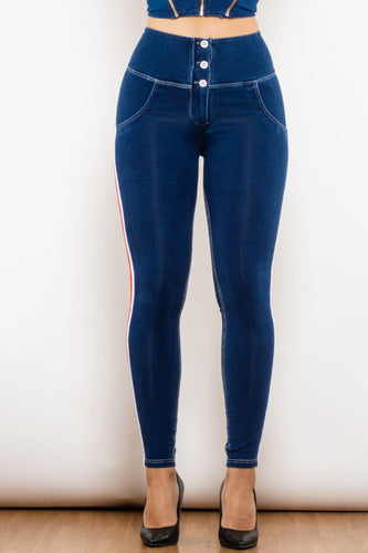 Stilla | Stribet Knappet Høj Talje Skinny Jeans