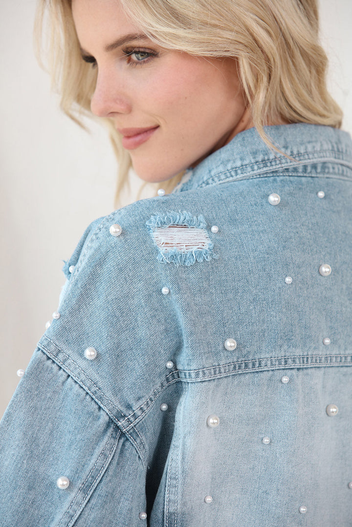 Stilla | Perle Trim Knap Up Denim Jakke