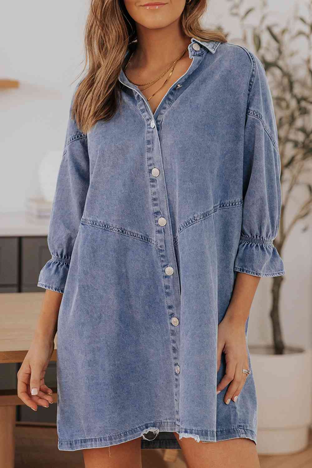 Stilla | Hals Flounce Ærme Denim Mini Kjole