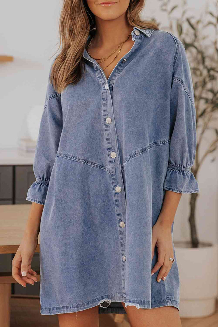 Stilla | Hals Flounce Ærme Denim Mini Kjole