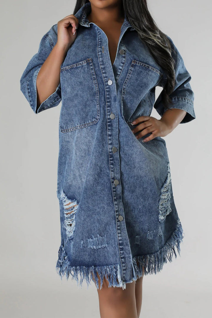 Stilla | Raw Hem Button Up Denim Kjole