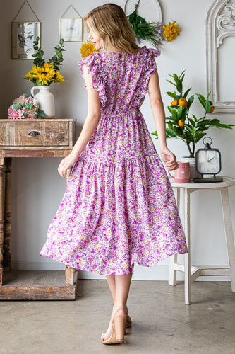 Stilla | J Printed V-hals Ruffled Midi Kjole