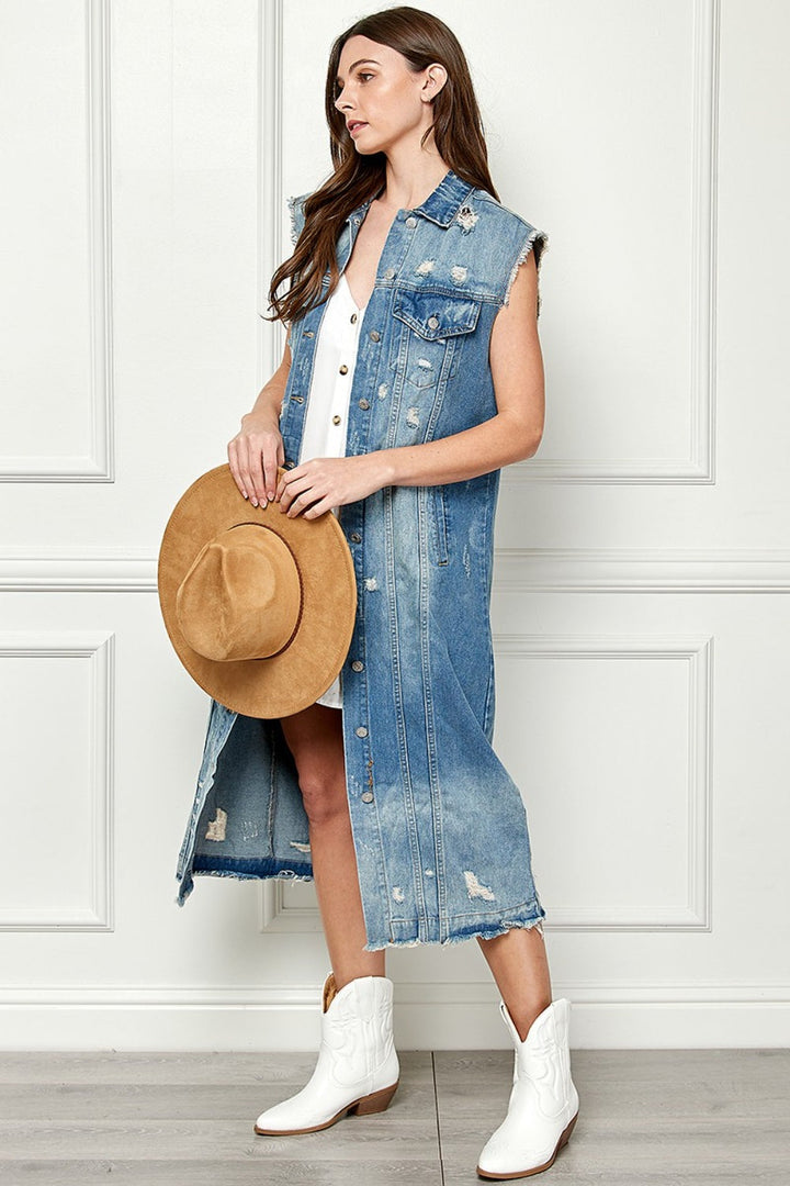 Stilla | Full Size Distressed Uden Ærmer Longline Denim Jakke