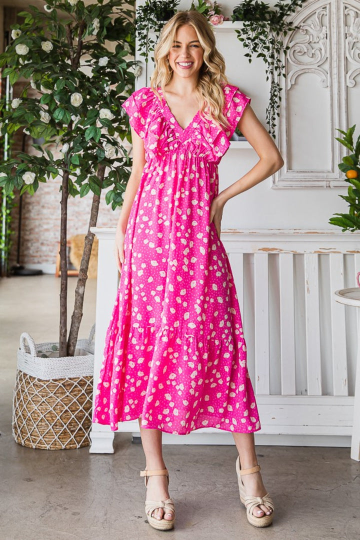Stilla | J Printed V-hals Flæse Trim Lagdelt Midi Kjole