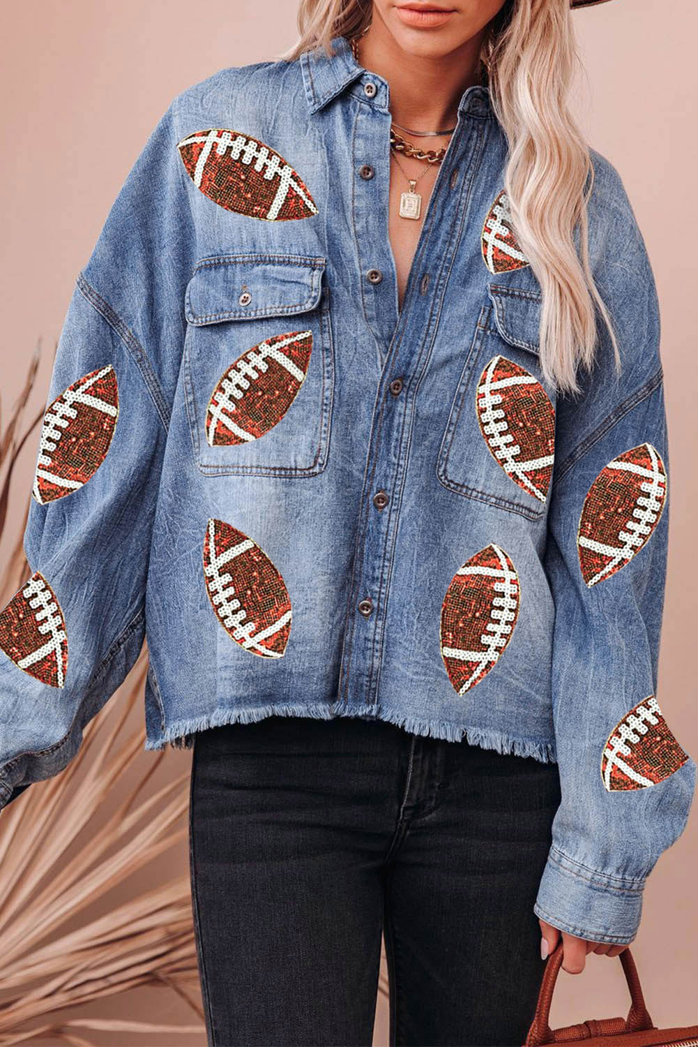 Stilla | Hem Sequin Football Langærmet Denimjakke