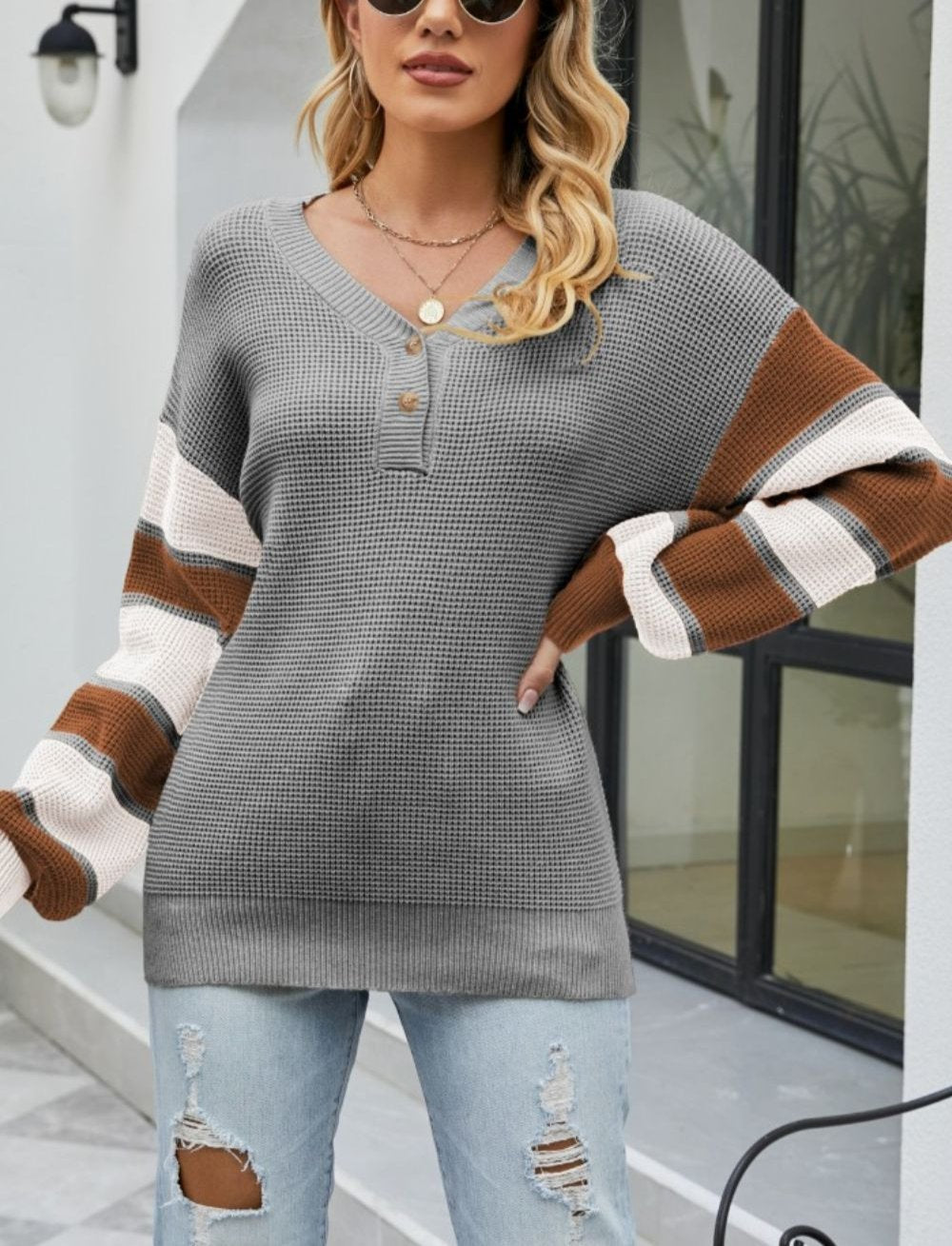 Stilla | Pullover Dame Af Knop Material Farveblok
