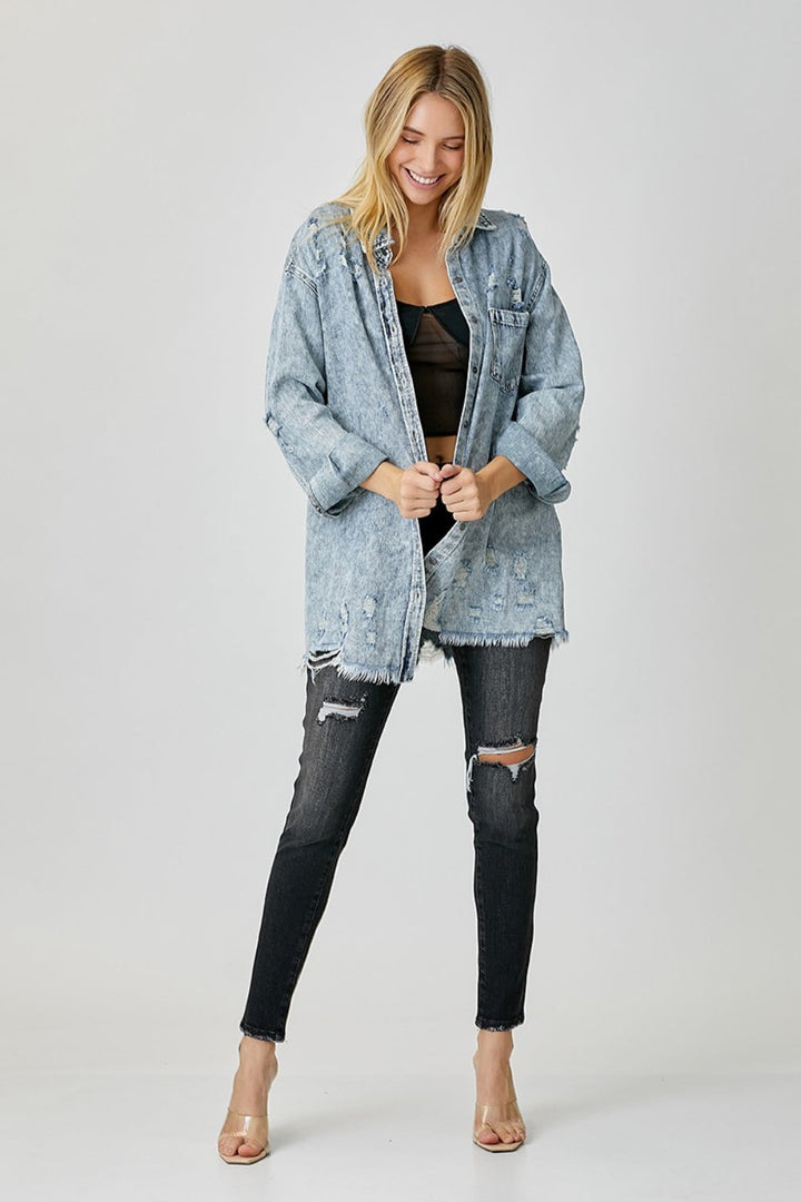 Stilla | Distressed Raw Hem Denim Skjorte