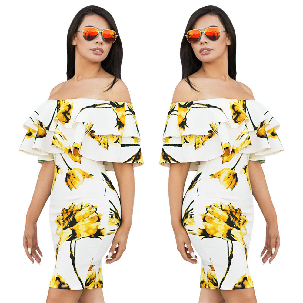 Dame Off-Shoulder Minikjole med voluminøs flæsekant Stilla