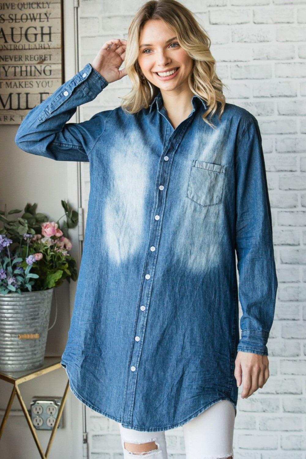 Stilla | Pocketed Button Up Vasket Denim Skjorte