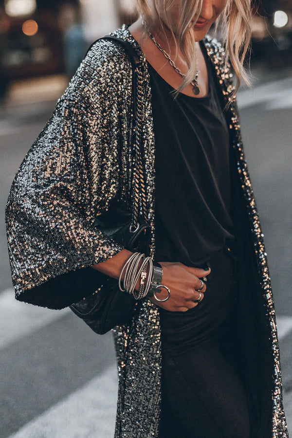 Stilla | Glamour Disco Paillette kimono med vidt ærme
