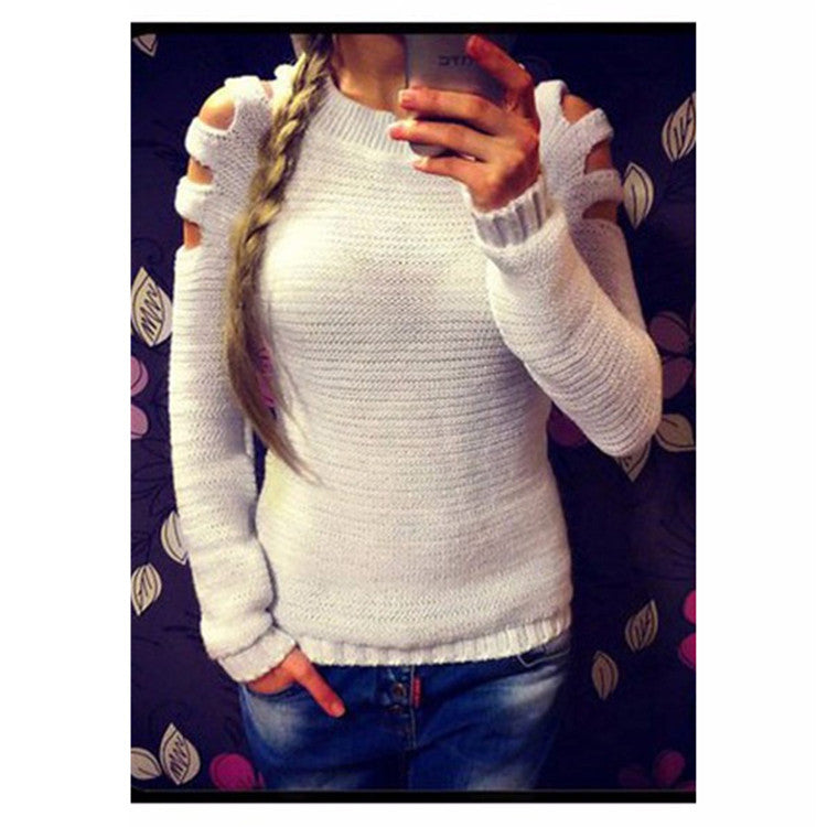 Dame strikket sweater med åbent skulderdesign og glitrende accenter Stilla