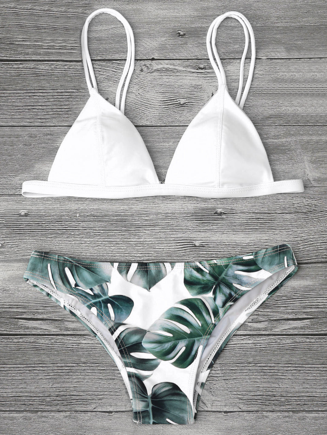 Dame triangel-bikini med trendy bladmønster Skovae
