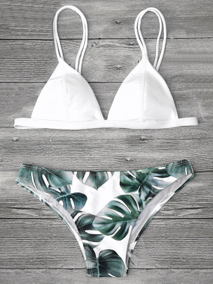 Dame triangel-bikini med trendy bladmønster Skovae