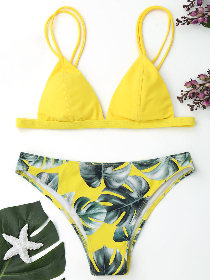 Dame triangel-bikini med trendy bladmønster Skovae