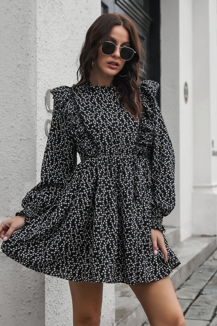 Stilla | Ruffle Trim Smocked Long Sleeve Mini Dress