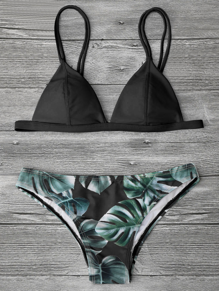 Dame triangel-bikini med trendy bladmønster Skovae