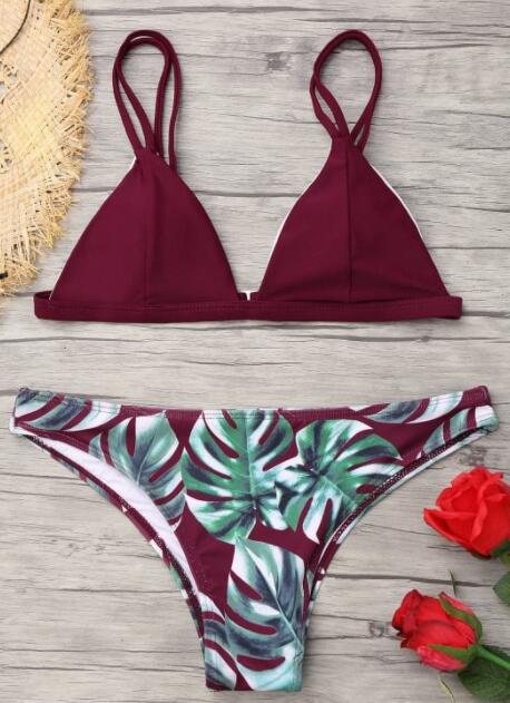 Dame triangel-bikini med trendy bladmønster Skovae