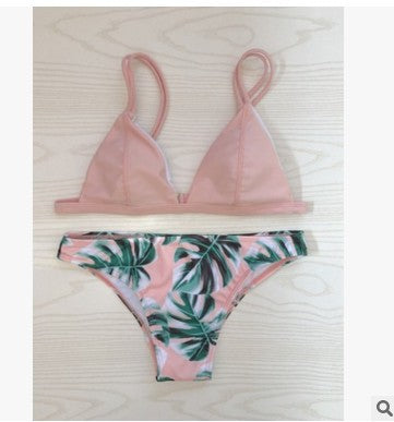 Dame triangel-bikini med trendy bladmønster Skovae
