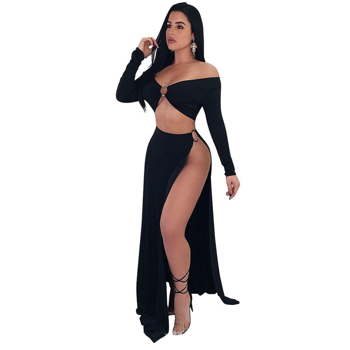 Dame Elegant Cut-Out Maxikjole med asymmetrisk snit og lange ærmer Stilla