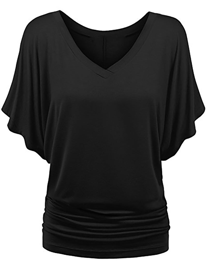 Dame afslappet V-hals T-shirt med draperet søm Skovae