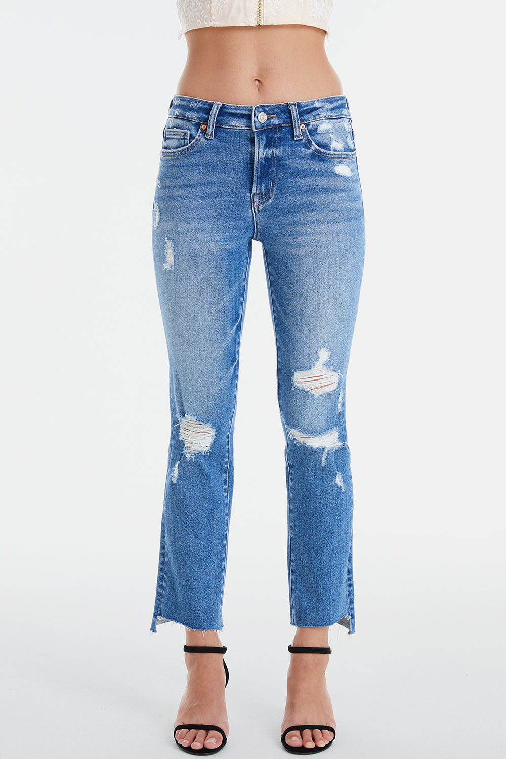 Stilla | Full Size Mid Waist Distressed Ripped Straight Jeans