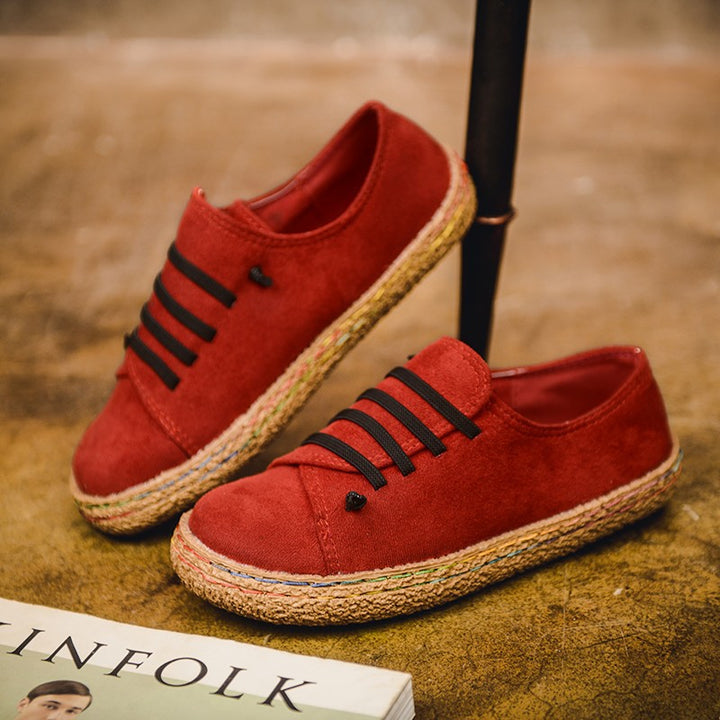 Dame nan lav sneaker espadrille med velourlæder-look, elastiske snørebånd og flettet jute-sål Skovae