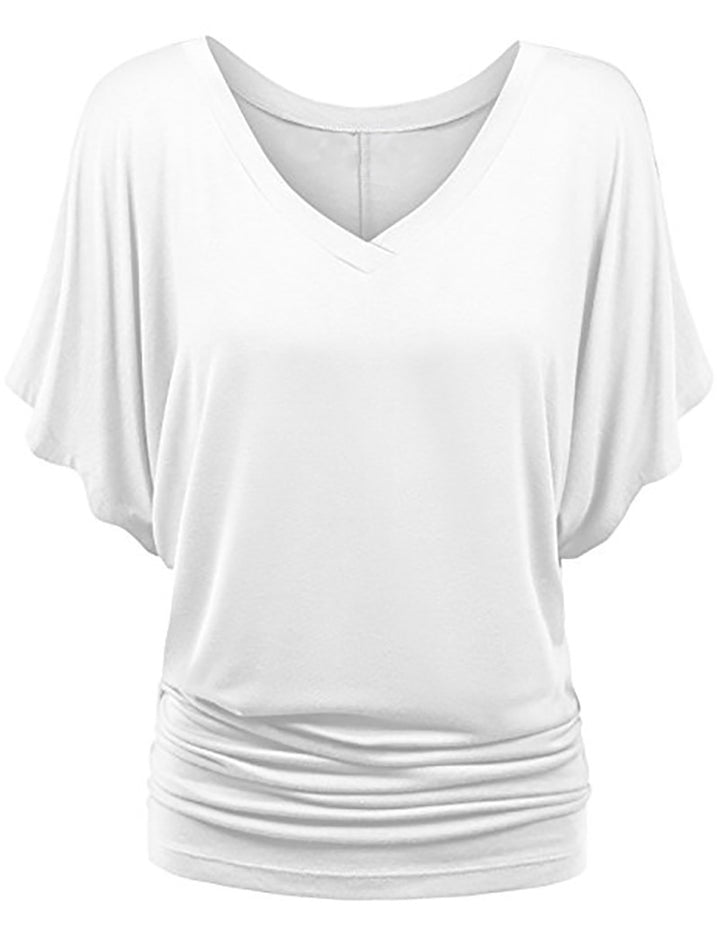 Dame afslappet V-hals T-shirt med draperet søm Skovae