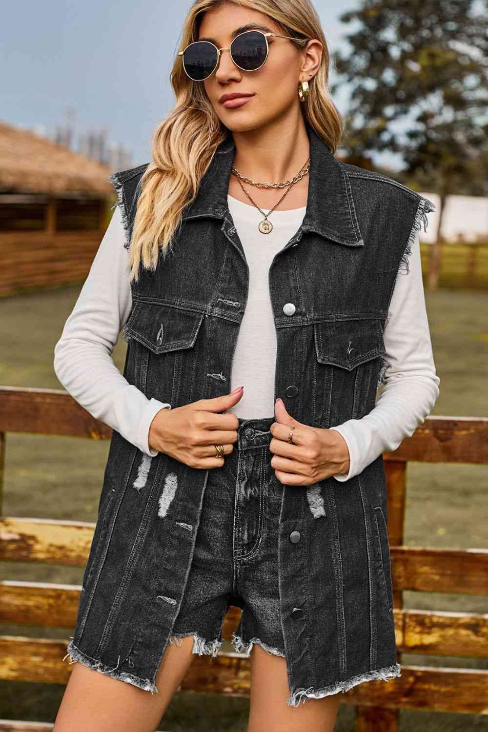 Stilla | Knap-oppet Krave Denim Top Med Lommer