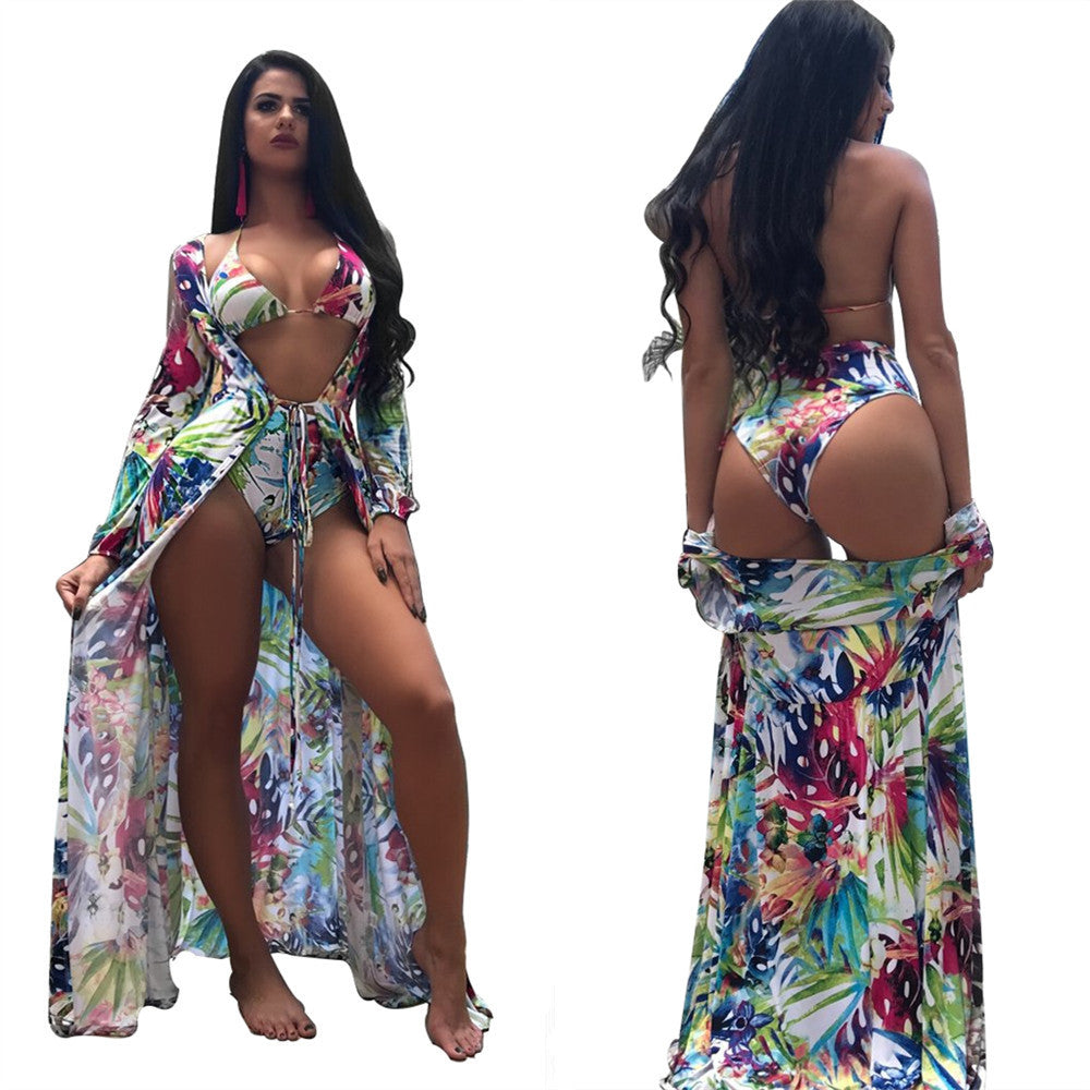 Dametøj til stranden med floral kaftan og bikini-sæt Stilla