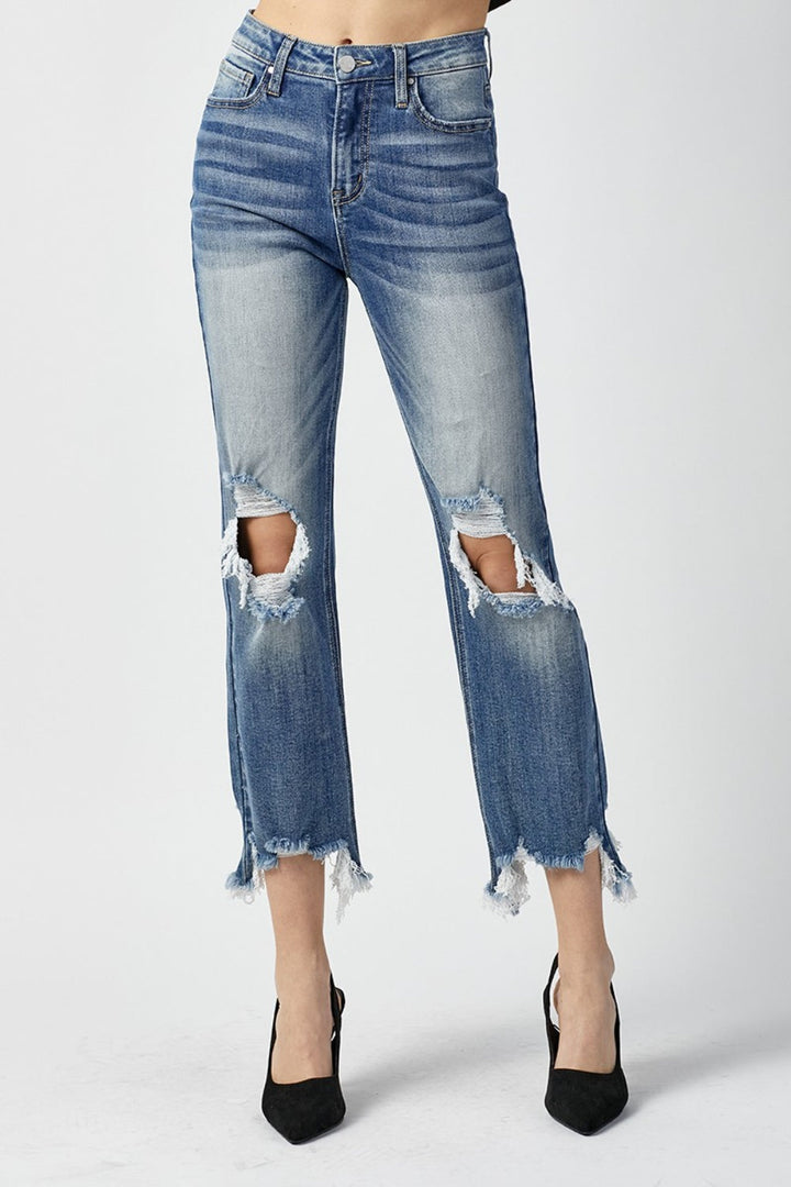 Stilla | Høj Talje Distressed Flosset Kant Beskåret Lige Jeans