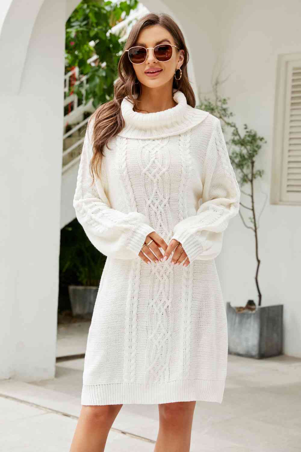 Stilla | Højre Mixed Strik Turtleneck Lantern Ærme Sweater Kjole