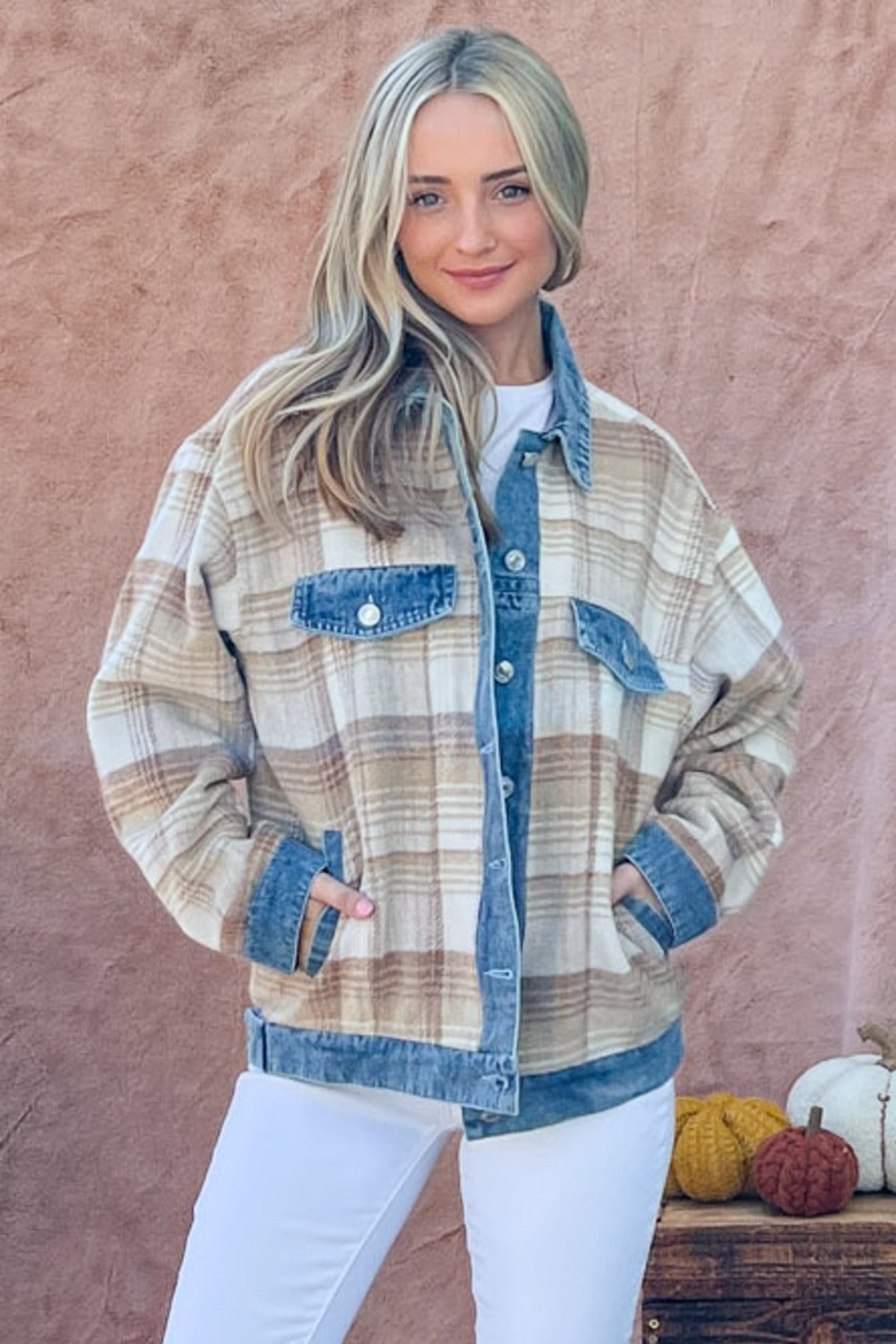Stilla | The Why Full Size Vasket Denim Detalje Børstet Plaid Jakke