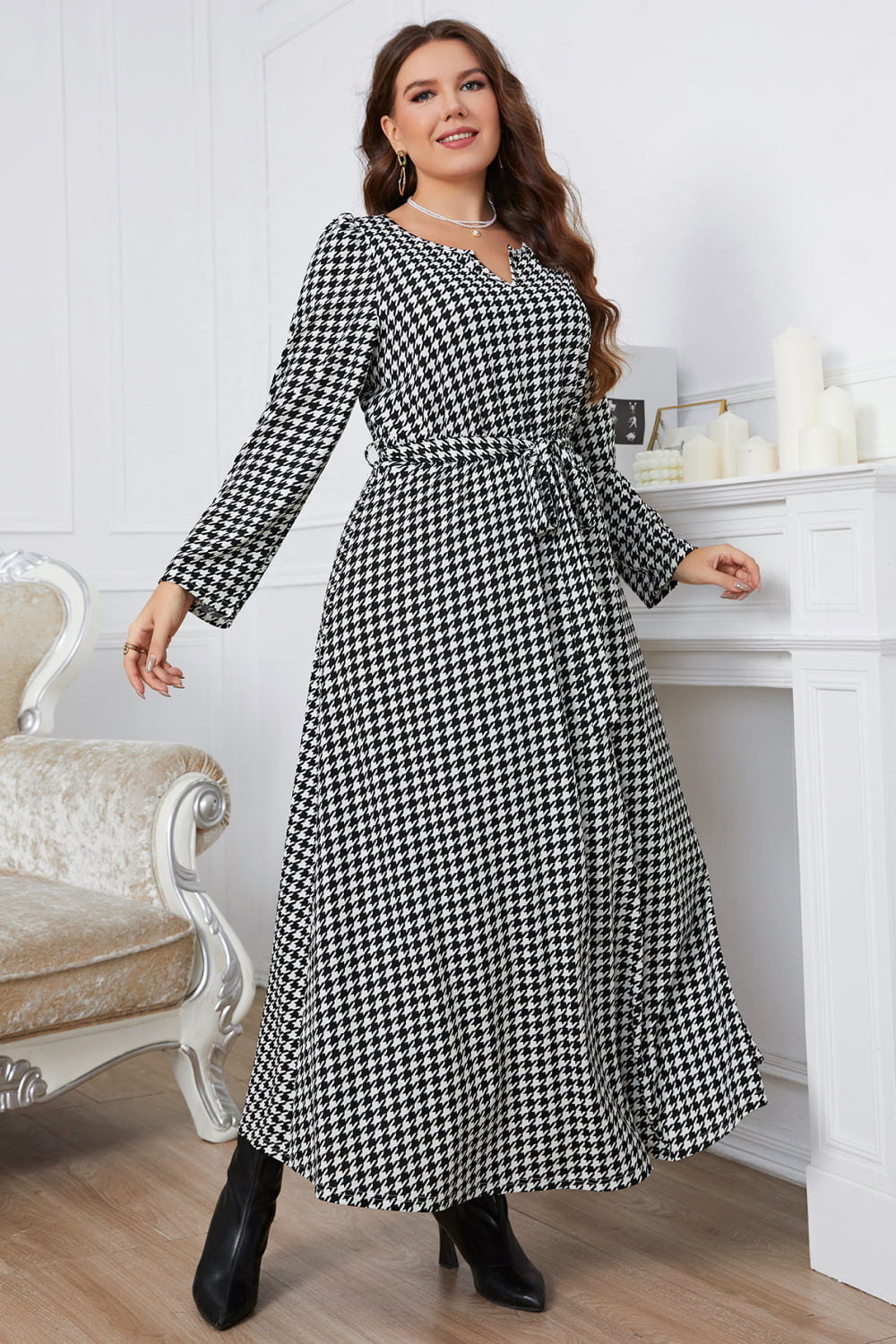Stilla | Tøj Plus Size Notch Hals Houndstooth Bælte Maxi Kjole