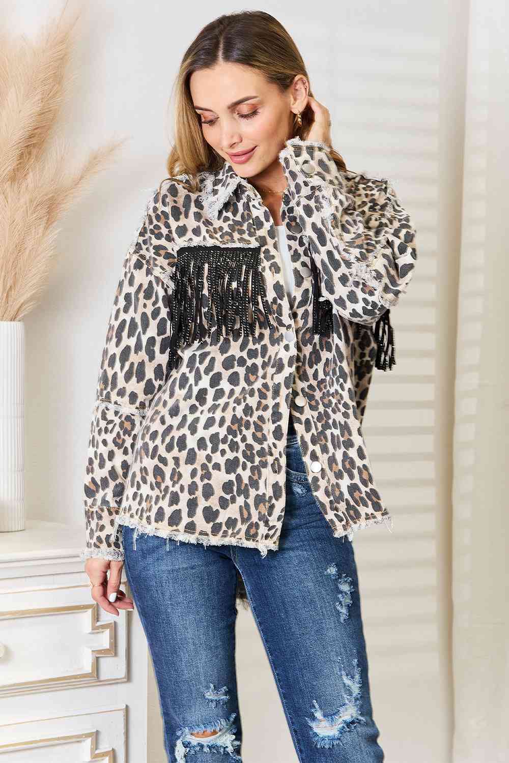 Stilla | Tag Leopard Frynse Detalje Krave Denim Jakke
