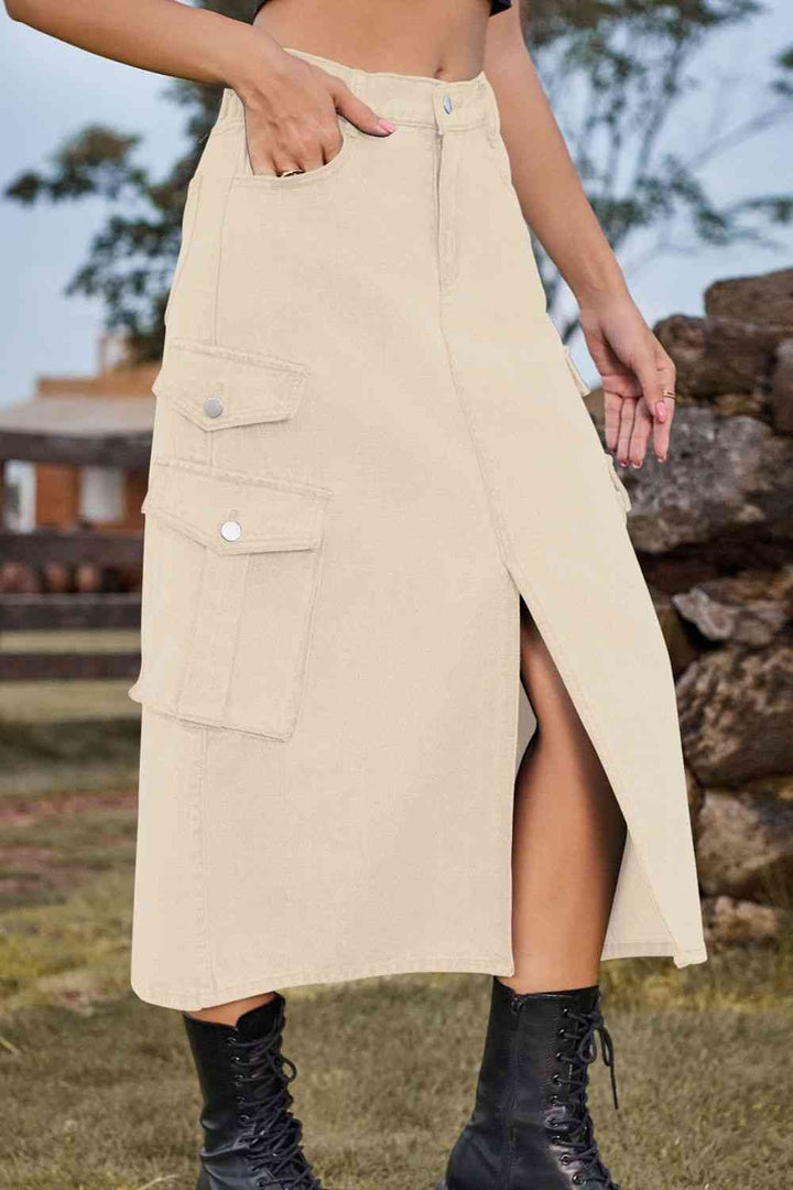 Stilla | Front Midi Denim Skirt Med Lommer