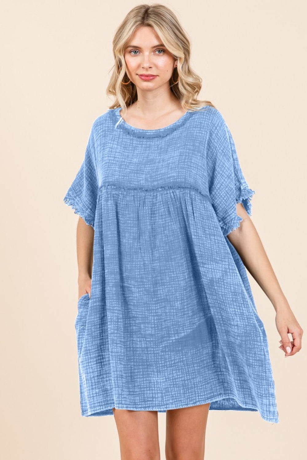 Stilla | Code Full Size Kortærmet Babydoll Tekstur Kjole med Lommer