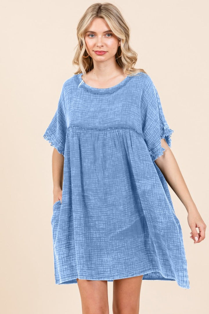 Stilla | Code Full Size Kortærmet Babydoll Tekstur Kjole med Lommer