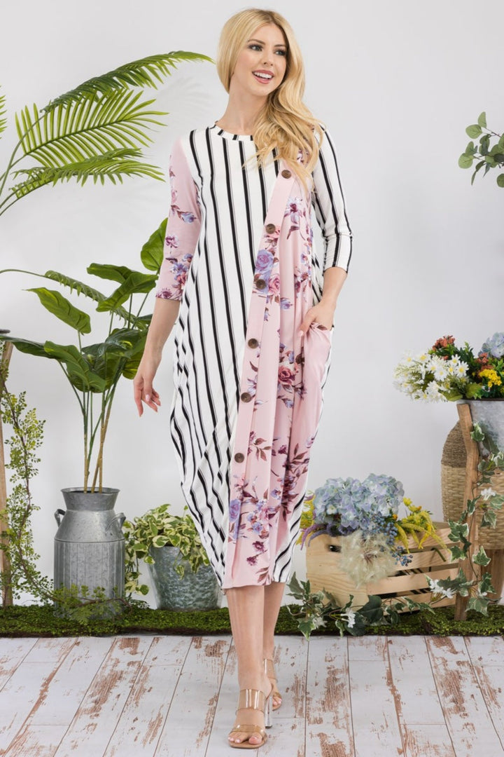 Stilla | Fuldt Størrelse Blomsterstribet Kontrast Midi-Kjole med Lommer