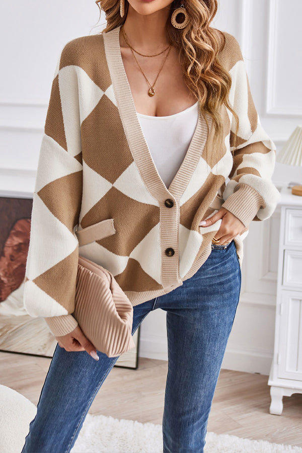 Stilla | Hals geometrisk patchwork kontraststrik cardigan casual løs jakke