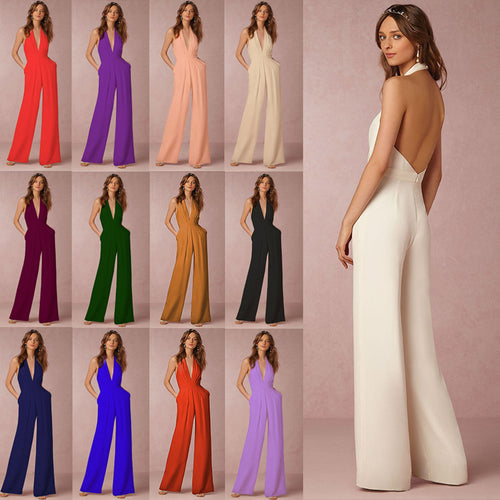 Damer elegant jumpsuit med dyb V-udskæring og bred ben silhuet Skovae
