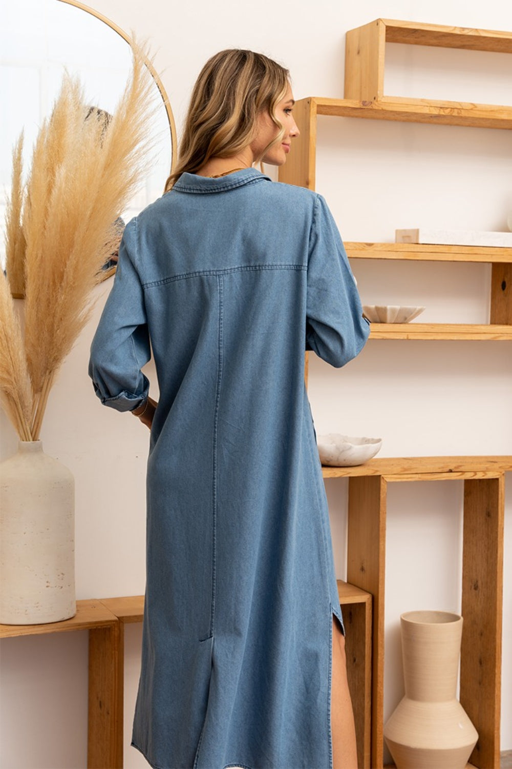 Stilla | In Love High-Low Knap-Op Rulle-Tab Ærme Denim Kjole
