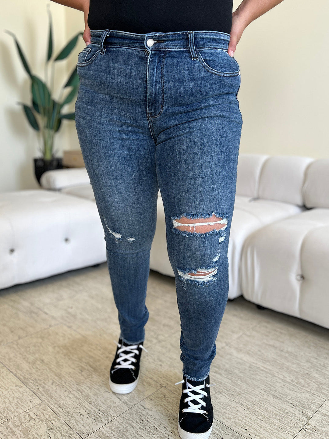Stilla | Blå Plus Size Høj Talje Distressed Skinny Jeans