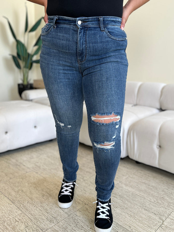 Stilla | Blå Plus Size Høj Talje Distressed Skinny Jeans