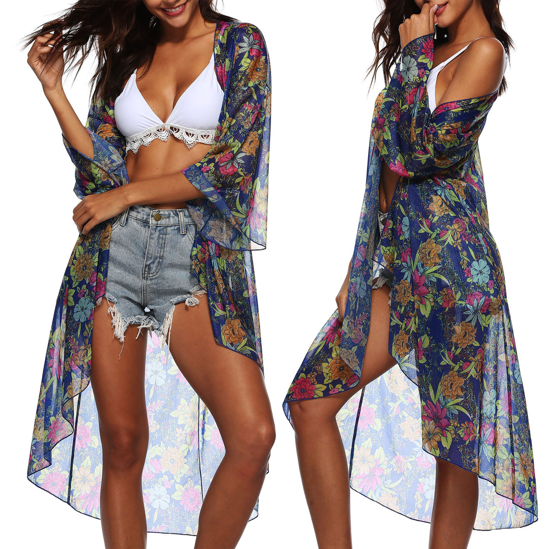 Dame Transparent Strandkimono med blomsterdesign og afslappet snit Stilla