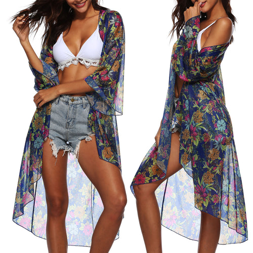 Dame Transparent Strandkimono med blomsterdesign og afslappet snit Stilla